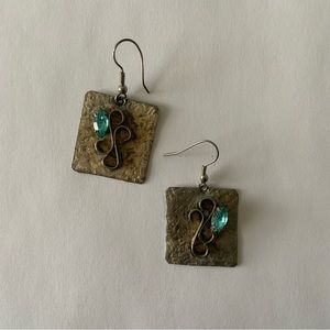 Silver Pewter and Blue Gem Stone Dangle Drop Large Dramatic Earrings